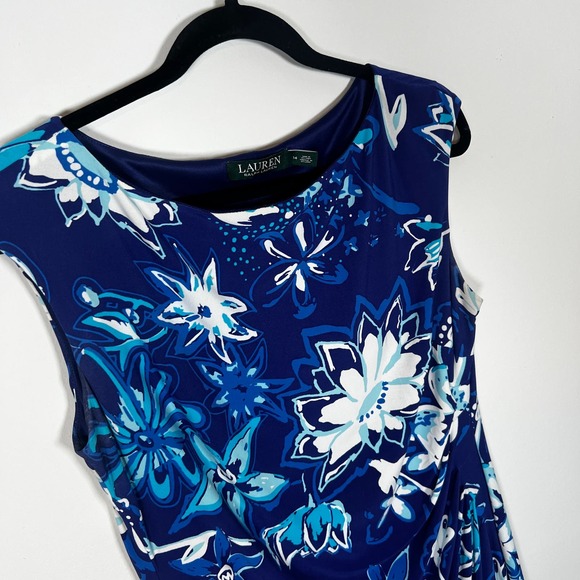 Lauren Ralph Lauren Sheath Dress‎ 14 Floral Ruched Waist Cap Sleeve Casual Blue - Picture 2 of 5